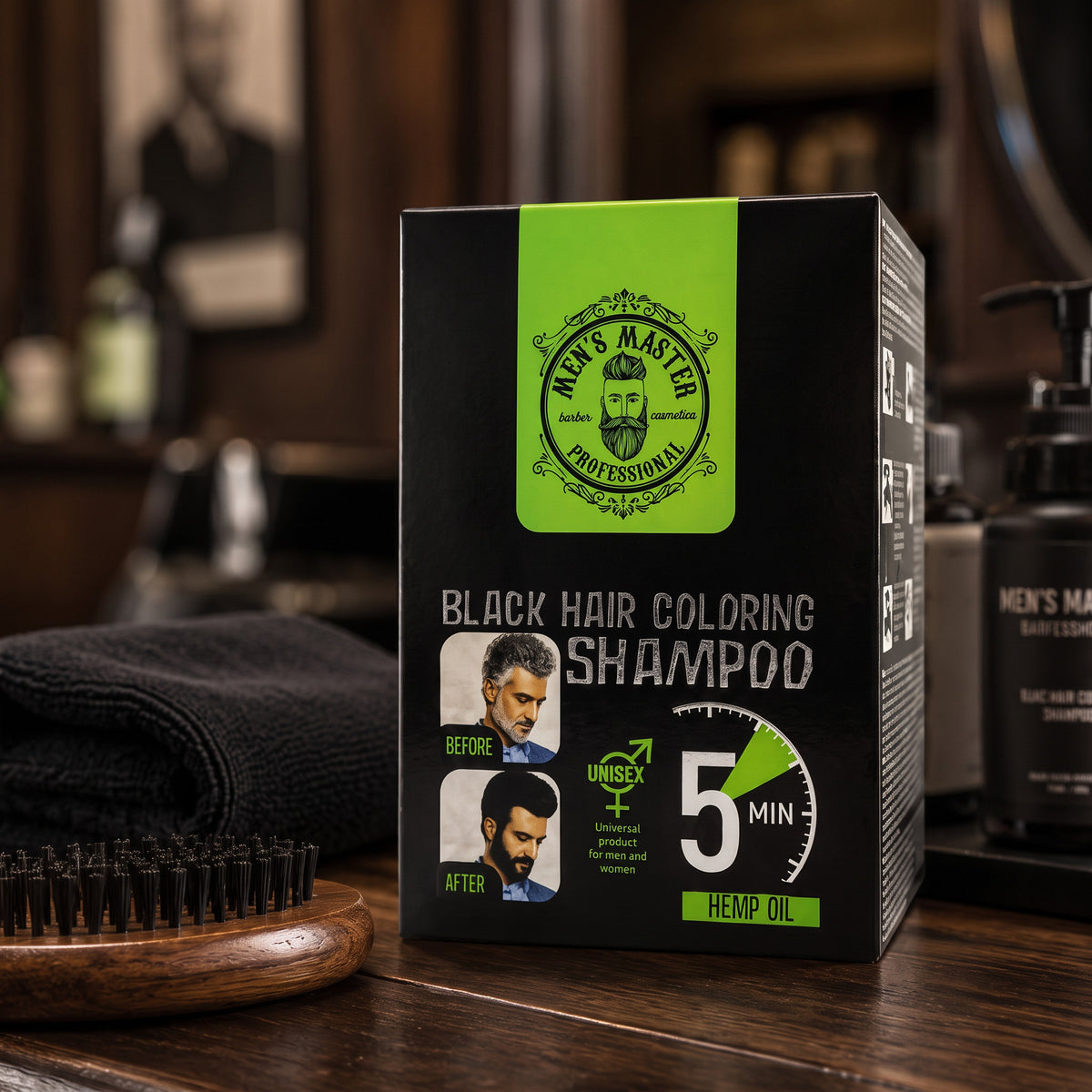 Men's Master Coloring Shampoo Zwart of Bruin – sfeerfoto