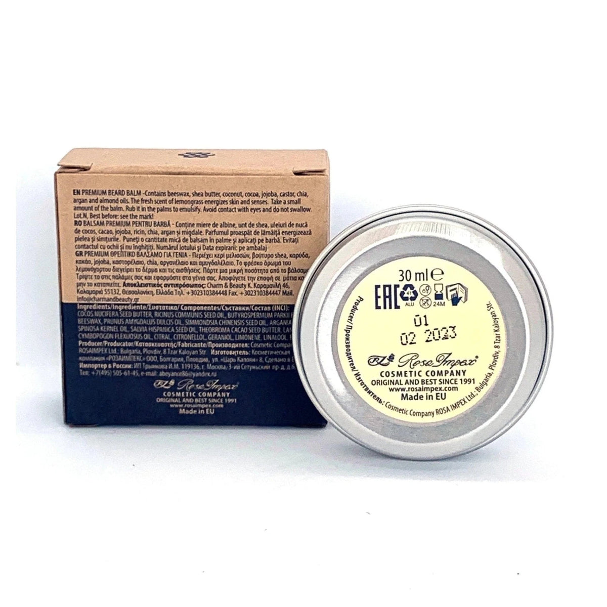 Men's Master Premium Beard Balm – achterkant doosje en open blik