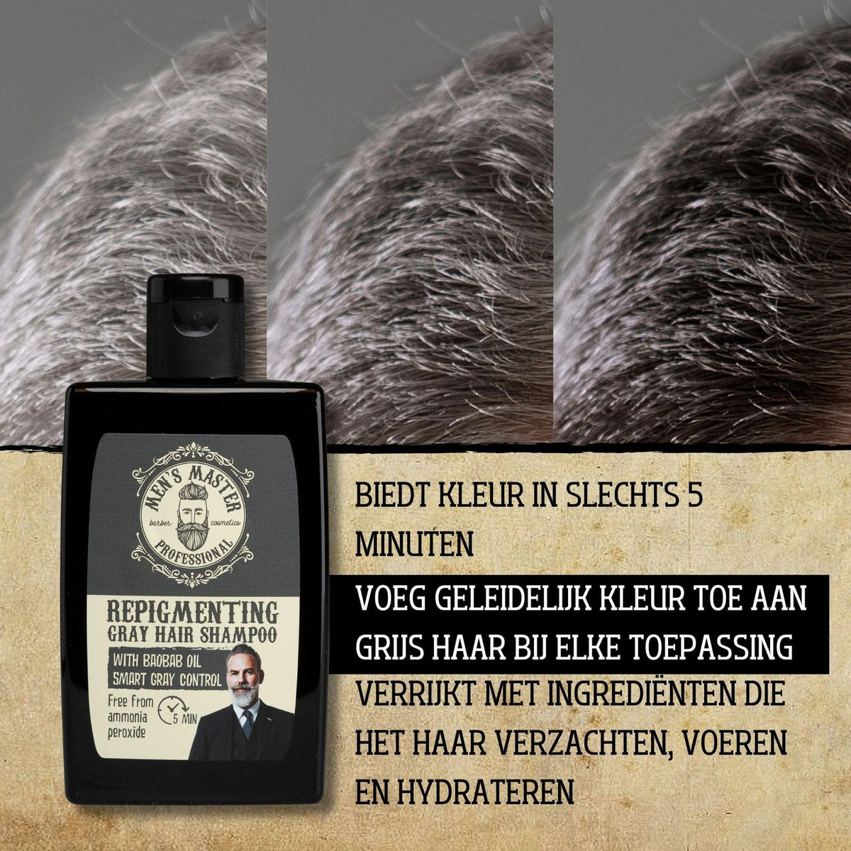 Men's Master Repigmenting Shampoo Tegen Grijs Haar – voordelen in beeld