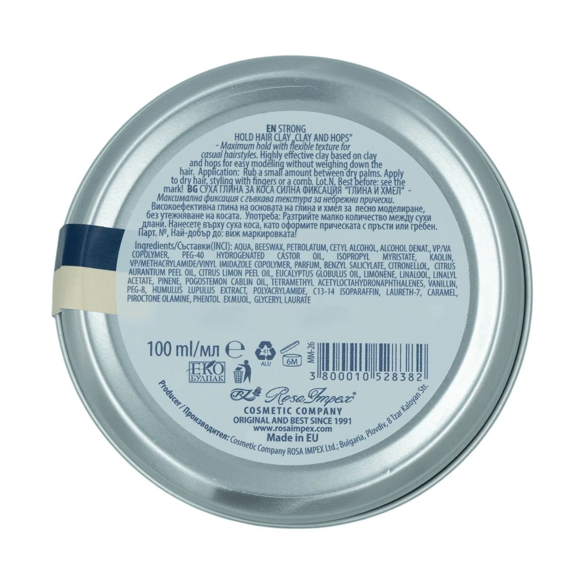 Men's Master Strong Hold Hair Clay – onderkant blik met ingrediënten